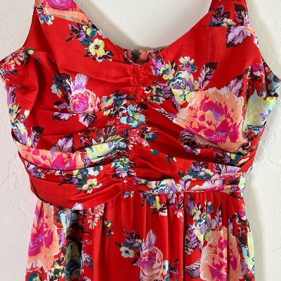 Roxy Orange Floral Slip Dress with Ruched Front Bodice and Gold Zipper Sz M - Picture 2 of 11